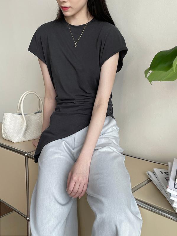 Tシャツ 女性用 韓系 収腰 トップス ラフスタイル 短袖 ふんわり袖 ラウンドネック ゆったりシルエット 不規則ヘム コットン混 綿素材 軽量 吸湿速乾 通勤 普段使い 春夏 ホワイト ライトグリーン ダークグレー