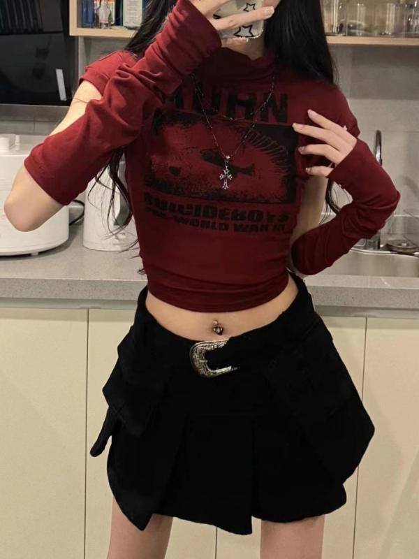 Tシャツ レディース セクシー 赤 ワインレッド 半高領 五分袖 袖セット 伸縮性 クロップド クロップトップ ストリートファッション トレンド スパイシーガール ダンス ステージ ユース 活力 クロップド丈 夏 吸湿速乾 軽量 潮流 カジュアル トップ