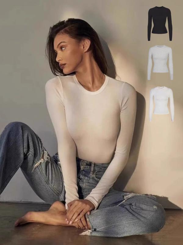 女性用 トップス モダール コットン 長袖 Tシャツ 修身型 タイトフィット インナー 打底衫 丸首 Vネック Uネック ブラック ホワイト グレー ブラウン アイアングレー 純色 伸縮性 吸湿速乾 接触冷感 短丈 ストリートスタイル ヨーロッパ風 アウ