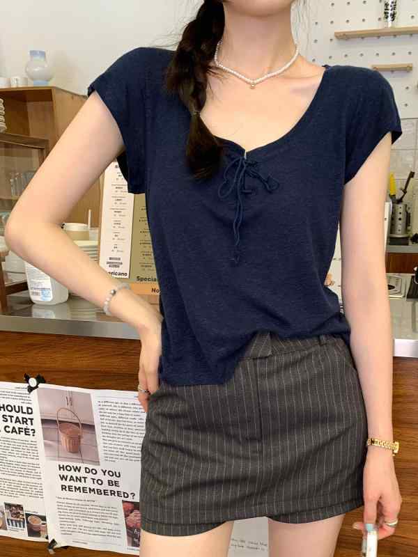 Tシャツ 女性用 夏 通勤 気質 直筒 短袖 大Uネック 薄手 透け感 スリム 綿麻 粘着繊維 洗い加工 純色 セットイン 普通丈 バインダー ホワイト ブラック ネイビー