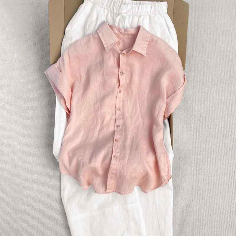 シャツ 女性用 ピンク ?麻 再生繊維 切り替え 短袖 ポロカラー ゆったり シルエット 春夏 爽やか 涼しい 吸湿速乾 軽量 通勤 普段使い かわいい ラフスタイル スリム トップス