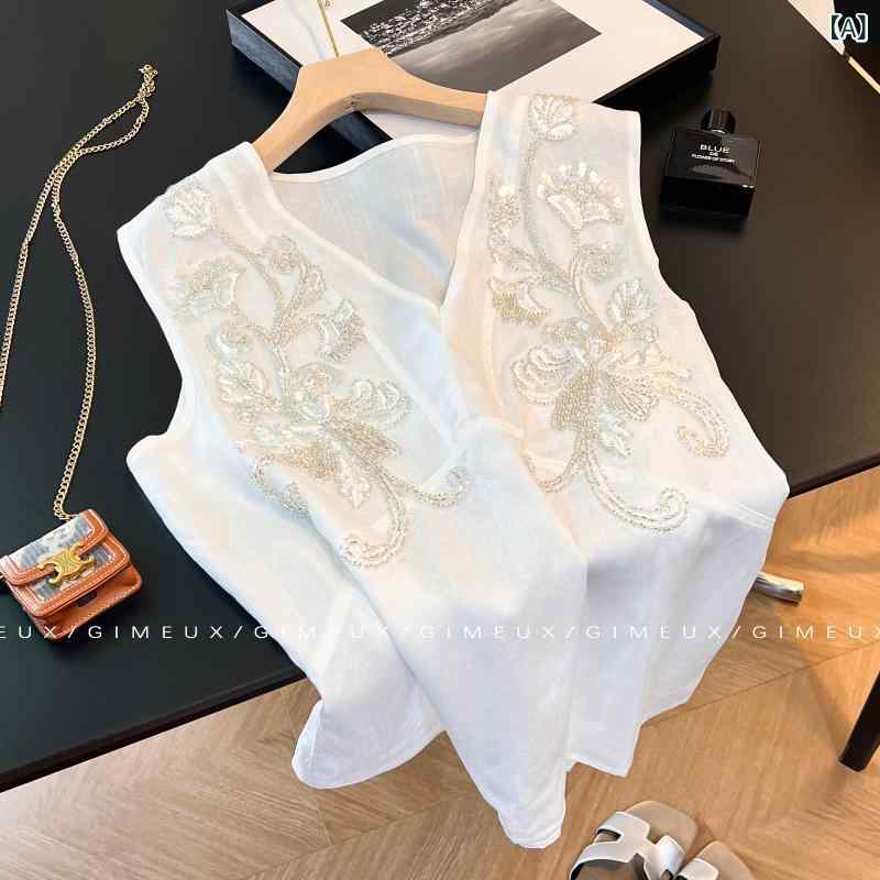 ノースリーブ トップス 女性用 麻 素材 接触冷感 無袖 デザイン ビーズ刺繍 Vネック ルーズフィット 夏 春夏 通勤 普段使い 軽量 吸湿速乾 かわいい 復古 スタイル 6,686円