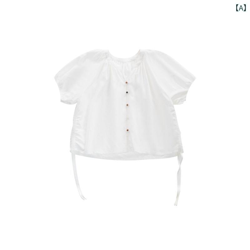 Tシャツ 女性用 白色 Vネック 泡泡袖 短袖 綿麻 天絲 リラックスシルエット 立体裁剪 親肌触感 通勤風 気質スタイル 春夏 軽量 通勤 普段使い 吸湿速乾
