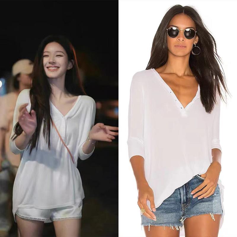 Tシャツ 女性用 秋 白色 綿 素材 接触冷感 短袖 Vネック ボタン デザイン ゆったり H型 シルエット 普通丈 街頭 スタイル シンプル 百搭 トップス ルーズフィット カジュアル 日常使い 軽量 通勤 通学 吸湿速乾 伸縮性 ユニセックス アイボ