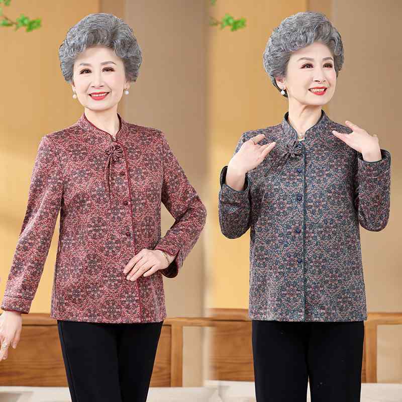 ママ服 長袖 開襟 シャツ グラニー 60代 70代 女性用 秋冬 薄手 外套 立領 国風 トップス ポリエステル ワイドシルエット 免? 処理 気質 通勤 スタイル 赤 色 青 色 長さ 普通 ステレオ デコレーション ゆったり 着用 吸湿 速乾 軽量