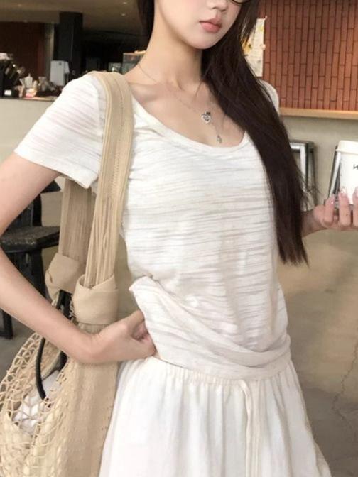 Tシャツ レディース 夏 白色 ストライプ Vネック 正肩 短袖 麻 混紡 ストレッチ ゆったり フィット スリム シルエット 日韓 スタイル シンプル 快適 吸湿速乾 ノンアイロン 加工 トップス チュニック ブラウス ベーシック アイテム カジュアル
