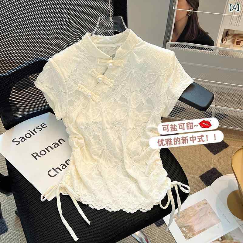 Tシャツ レディース 短袖 斜め襟 透け感 盤ボタン 修身シルエット 短丈 中国風 復古 ポロ領 プリンセススリーブ ポリエステル ストレッチ 米色 ブラック 夏 軽量 通勤 普段使い