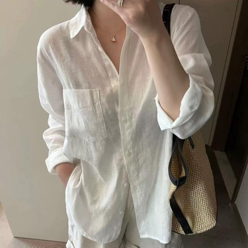 シャツ 女性用 気質 通勤風 基本 長袖 翻領 単排扣 幅広 ゆったり 普通丈 ポロ襟 通常袖 切り替え 麻 純色 白色 夏 吸湿速乾 軽量 通勤 普段使い