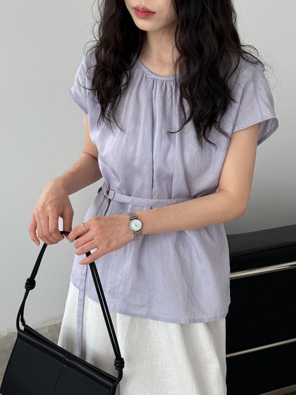 シャツ 女性用 春夏 無袖 レイヨン 麻 接触冷感 切り替え デザイン 丸首 ウエストマーク バックボタン ルーズフィット 韓国風 日常使い 軽量 通気性 紫 白 トップス ブラウス ベアトップ