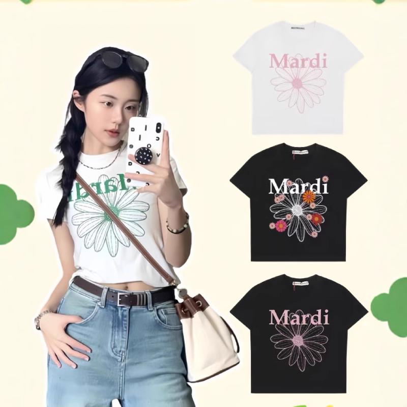 Tシャツ 女性用 短袖 春夏 接触冷感 綿 修身型 短丈 丸首 花柄プリント かわいい 植物モチーフ 韓国風 辣妹スタイル 日韓カジュアル 個性派 街頭ファッション 白色 緑花 ピンク花 ブルー花 ブラック 多色 グラデーション ミックス柄