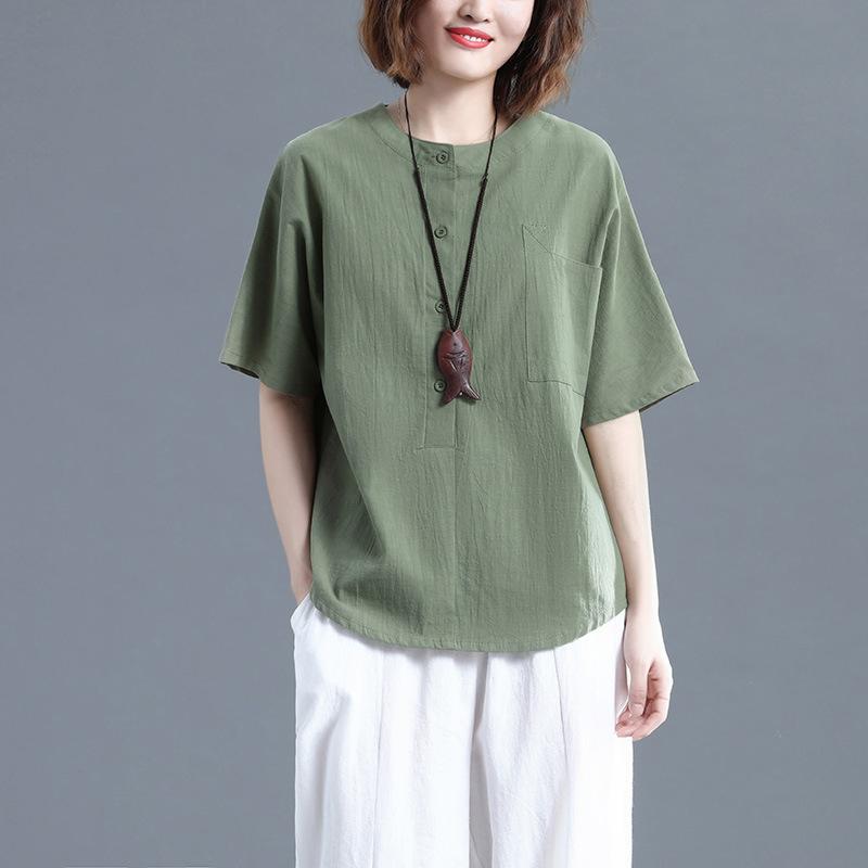Tシャツ 女性用 短袖 コットン リネン 接触冷感 夏 春夏 ルーズフィット バットスリーブ ラウンドネック ポケット 切り替え ユニセックス 大きいサイズ スリム効果 無地 ブラック ホワイト アーミーグリーン 通勤 気質 日常使い 軽量 吸湿速乾 伸