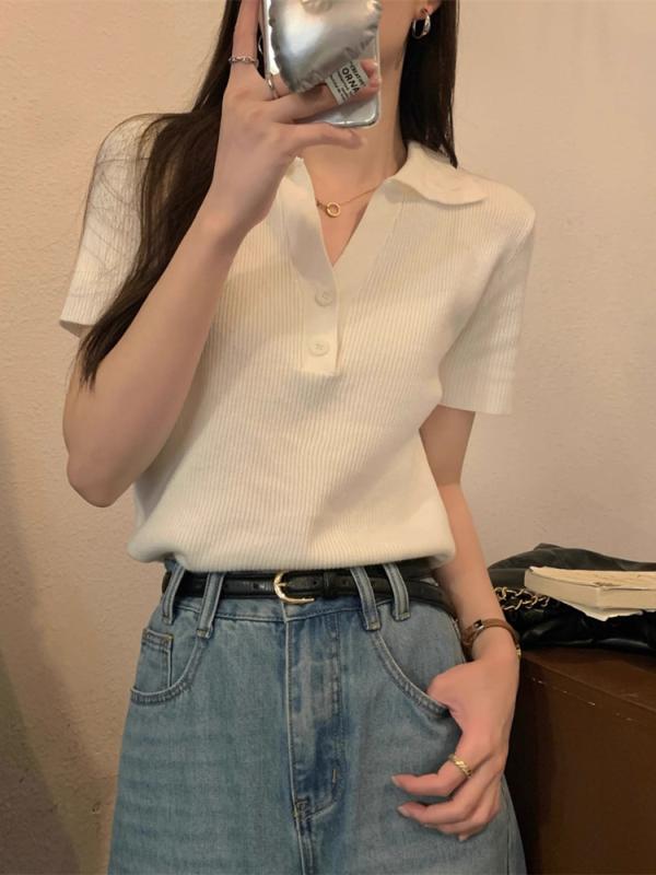 Tシャツ レディース ポロカラー 短袖 針織 夏 接触冷感 薄手 修身 ボタン デザイン 純色 米白色 ブラック ホワイト シンプル 気質 ?雅 日韓 スタイル 普段使い 通勤 涼しい 吸湿速乾 再生繊維 ポリエステル ナイロン セットインスリーブ ミド