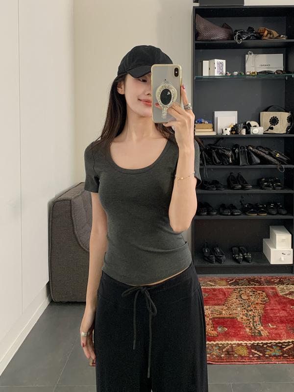 Tシャツ 女性用 春夏 竹繊維 接触冷感 伸縮性 吸湿速乾 Uネック 短袖 修身シルエット 立体裁剪 純色 短丈 日常カジュアル 軽量 通勤 部屋着 本白 グレー ブラック 日韓スタイル