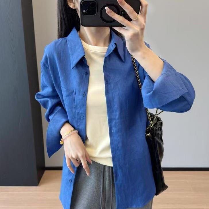 シャツ レディース 春季 通勤用 ゆったりシルエット 長袖 開襟 フラップカラー 切り替えデザイン 気質 麻混 コットン 接触冷感 軽量 吸湿速乾 白月光ブルー アイシーブルー 純色 ワイドフィット ビジネスカジュアル 日常使い