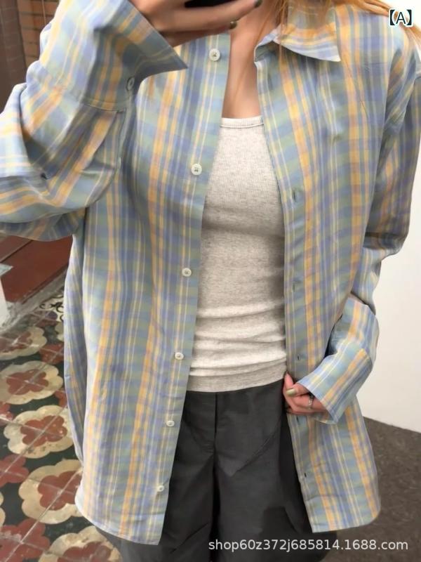 春夏 レディース シャツ トップス 麻 有機綿 格紋 長袖 開衫 色織 ブルー やり古し加工 ゆったり ルーズフィット 中長丈 ラペルカラー ストレートスリーブ 日常使い カジュアル 韓国風 慵?スタイル 吸湿速乾 軽量 通勤 通年対応