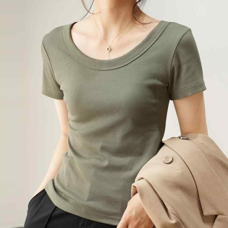 Tシャツ 女性用 短袖 Uネック トップス 再生繊維 接触冷感 純色 セットイン 夏 春夏 2025年 ゆったり スリム シンプル かわいい 軽量 吸湿速乾 伸縮性 日韓カジュアル インナー ブラウス 青銅緑 クリームホワイト ブラック ベージュ ダーク