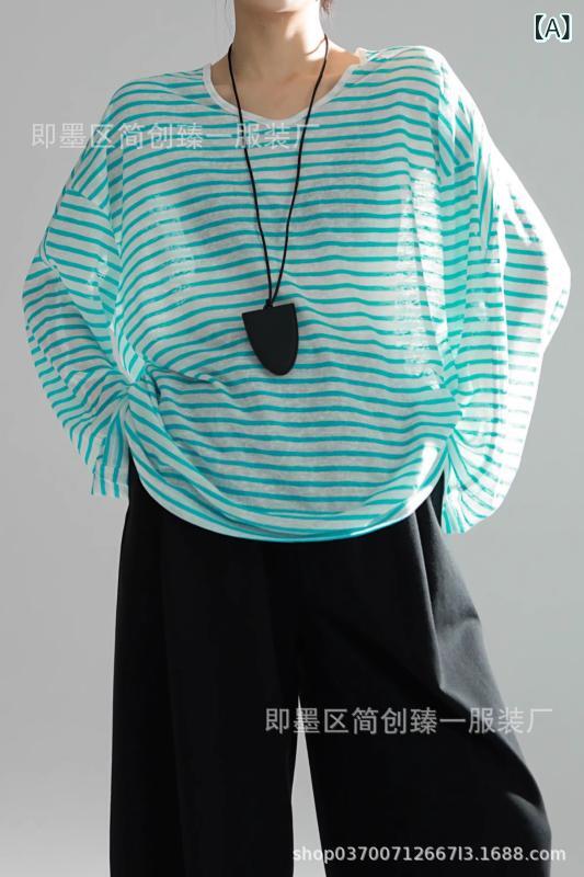 Tシャツ 女性用 長袖 ストライプ柄 カラーブロック ラウンドネック Y2K シースルー レイヤード トップス ワイドシルエット 薄手 天竺シルク 混紡 ポリエステル レイヨン 素材 通勤スタイル 気質 アイスブルー マスタードグリーン 春夏 軽量 吸湿