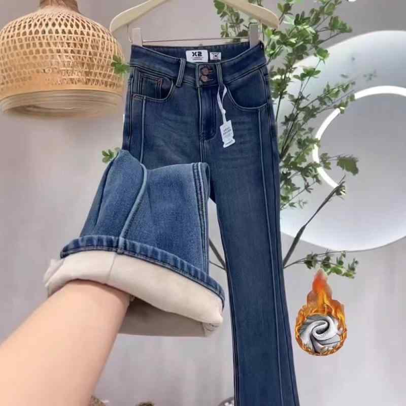 デニムパンツ 女性用 秋冬 春夏 コットン 素材 厚手 暖か 加厚 裏地 付き ハイウエスト マイクロフレア 微喇 スタイル スリム 細身 効果 小柄 対応 ロング丈 長さ 直筒 シルエット ミドルライズ 軽量 伸縮 微弾力 ポケット デザイン 切り替え