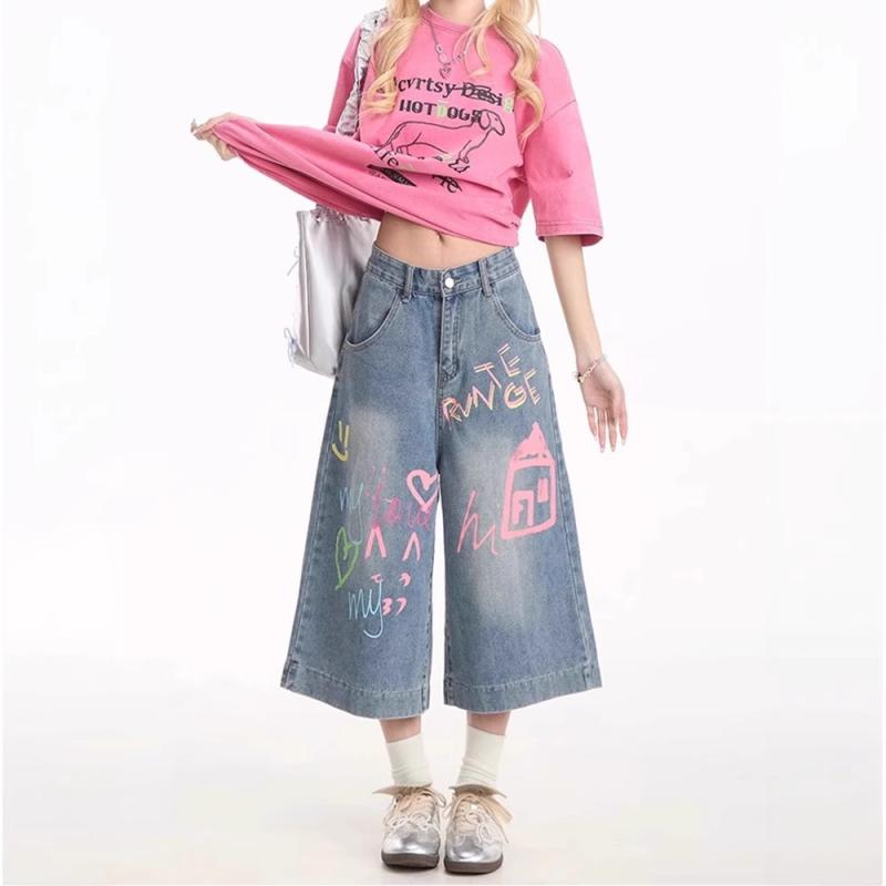 デニムパンツ 女性用 春夏 七分丈 ハイウエスト 直筒 ゆったり 韓国風 レトロ グラフィティ柄 洗い加工 ミディアム厚 微弾性 コットン デニム生地 ブルー トレンド コーデしやすい 軽量 伸縮性 通勤 普段使い カジュアル デイリー