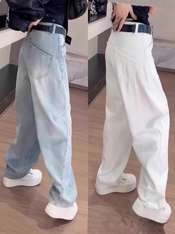 デニムパンツ 女性用 春夏 コットン デニム素材 梨型体型対応 ゆったり ハイウエスト スリム効果 ワイドレッグ ストレートパンツ 韓国風 ゆったりカジュアル 切り替えデザイン 中厚 長丈 白色 ライトブルー ビンテージ加工