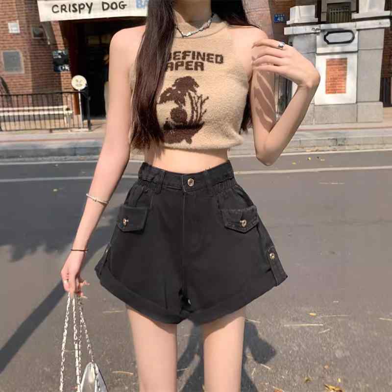 レディース 牛仔 ショートパンツ 高腰 巻き縁 夏 春夏 ワイドレッグ 熱パン 直筒型 基本款 綿 デニム素材 軽量 伸縮性 吸湿速乾 黒 紺 韓系 カジュアル 普段使い アウトドア ビッグシルエット 顯・覧 做旧加工 小個子対応