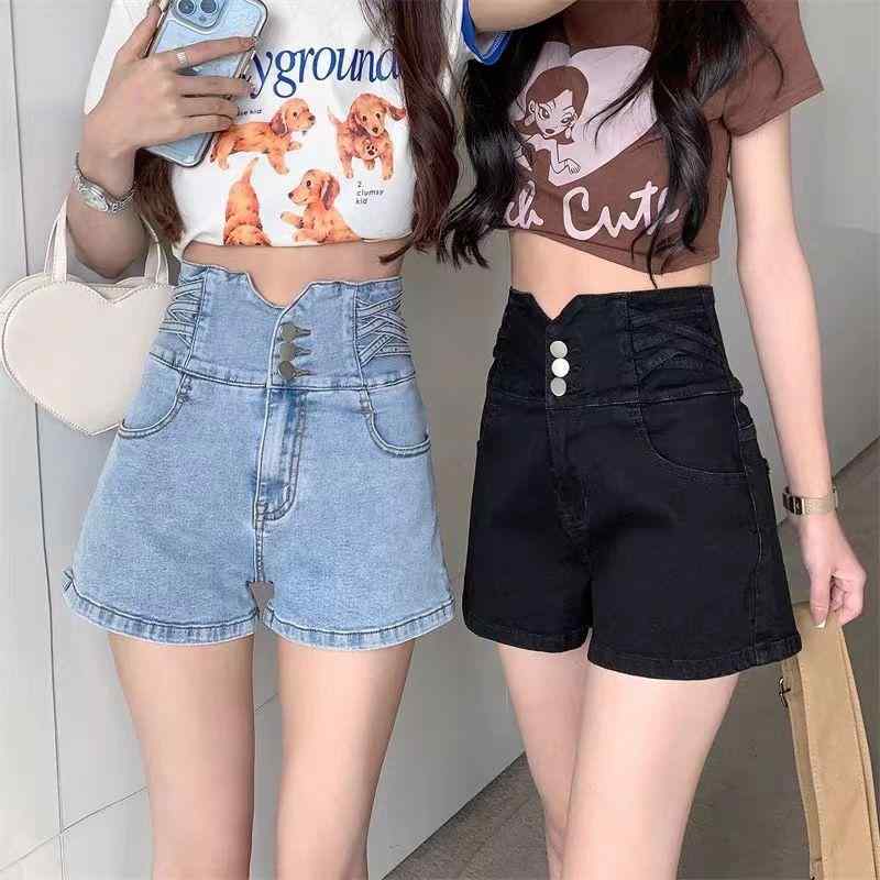 ショートパンツ 女性用 夏用 デニム 綿混 接触冷感 ハイウエスト スリムフィット 軽量 伸縮性 ポケット付き 切り替えデザイン ゆったりシルエット 浅ブルー ブラック 普段使い カジュアル 快適 通勤 アウトドア