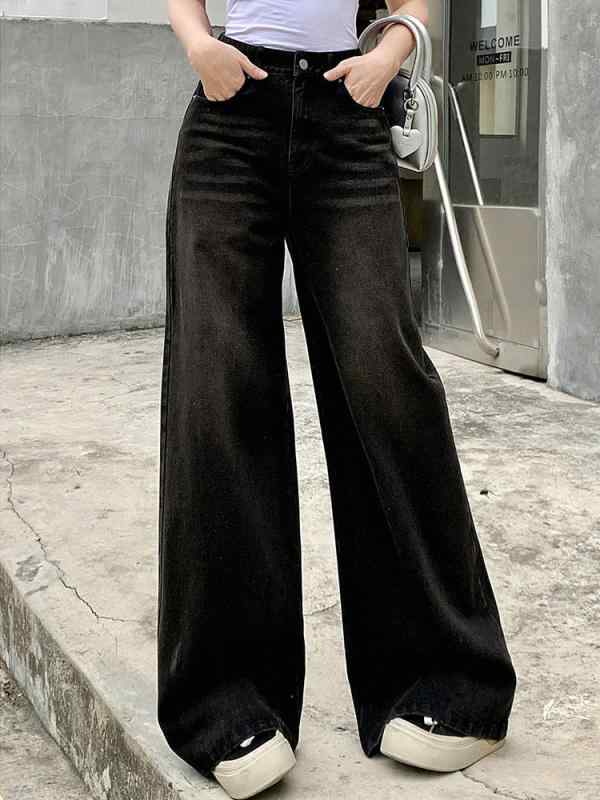 デニムパンツ 女性用 韓国風 復古 垂れ感 ストレート コットン ミックス 春夏 高腰 ワイドレッグ ロング ゆったり 微弾性 破洞 デザイン 黒灰色 ミドル厚 快適 普段使い カジュアル スタイル 切り替え ディテール 免?加工