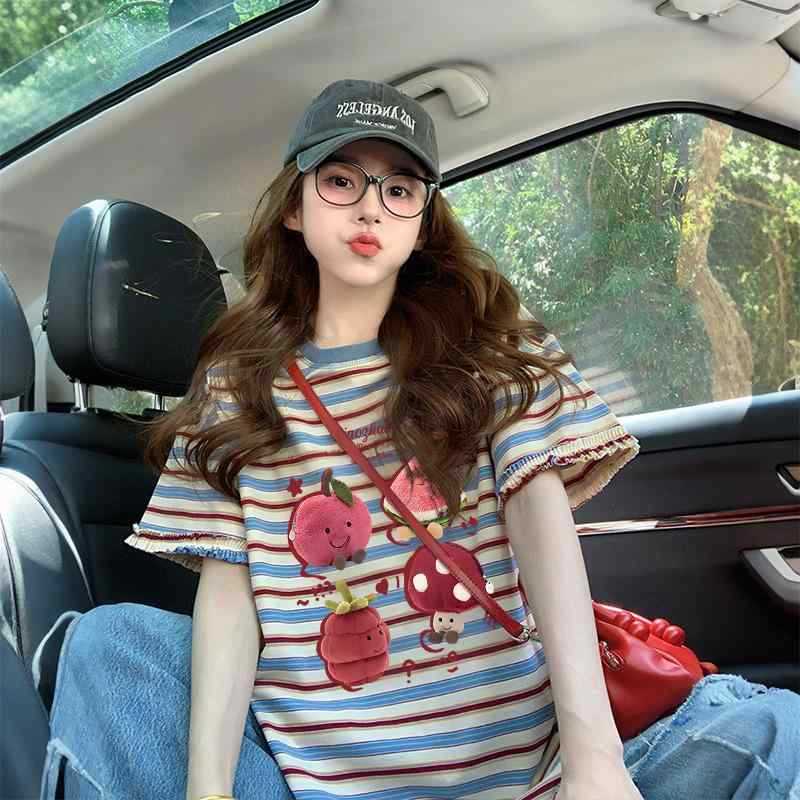 Tシャツ レディース かわいい 条紋柄 フルーツプリント 切り替えデザイン 綿素材 接触冷感 短袖 ラウンドネック ルーズフィット ブルー 夏 春夏 通勤用 普段使い 部屋着 伸縮性 吸湿速乾 軽量 ビッグシルエット カジュアル 韓国風 日系風 気質 花