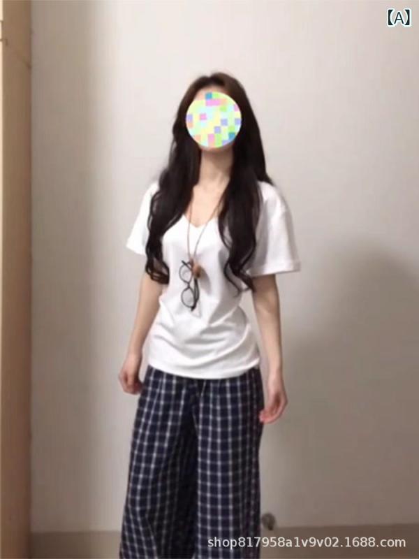 Tシャツ レディース 夏 春夏 Vネック 短袖 落肩袖 修身 細身 綿 接触冷感 吸湿速乾 粗横条紋 植物花卉 白 かわいい 気質 高級感 普段使い カジュアル 百搭 トップス 軽量 通勤 部屋着 アウトドア