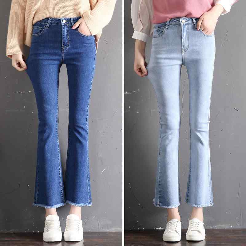 デニムパンツ レディース 高腰 九分 微喇 ブラック デニム 綿 スパンデックス ミックス 伸縮性 ワイドレッグ 春秋 気質 通勤 普段使い 都市スタイル 洗い加工 ミディアム厚 軽量 スリム シルエット 汎用 ハイウエスト フレア クロップド 膝下丈