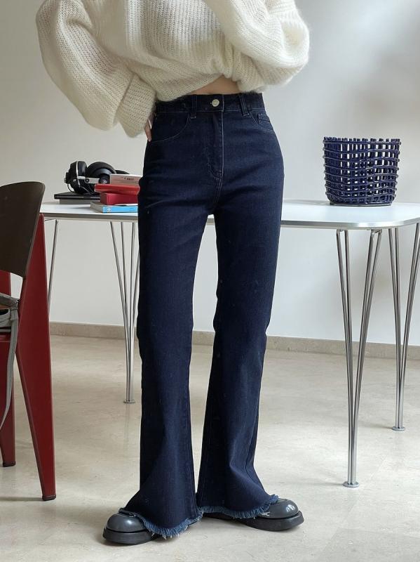 デニムパンツ 女性用 秋冬 韓国風 デイリー ハイウエスト 微喇型 微弾力 綿 ポリエステル 切り替え 毛縁 修身 スリム 深ブルー ロング丈 快適 軽量 通勤 普段使い カジュアル 10,904円