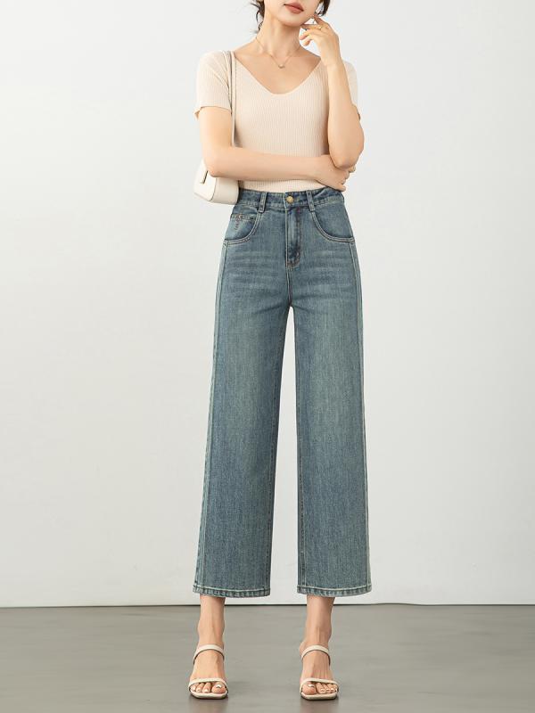レディース デニムパンツ 春夏 高腰 ワイドレッグ クロップド コットン ポリエステル 混合 薄手 微弾力 直筒 ジッパー 付き 洗い加工 ブルー 韓国風 ゆったり 快適 カジュアル 普段使い 伸縮性 ライトウェイト ハイウエスト ビッグシルエット ミッ