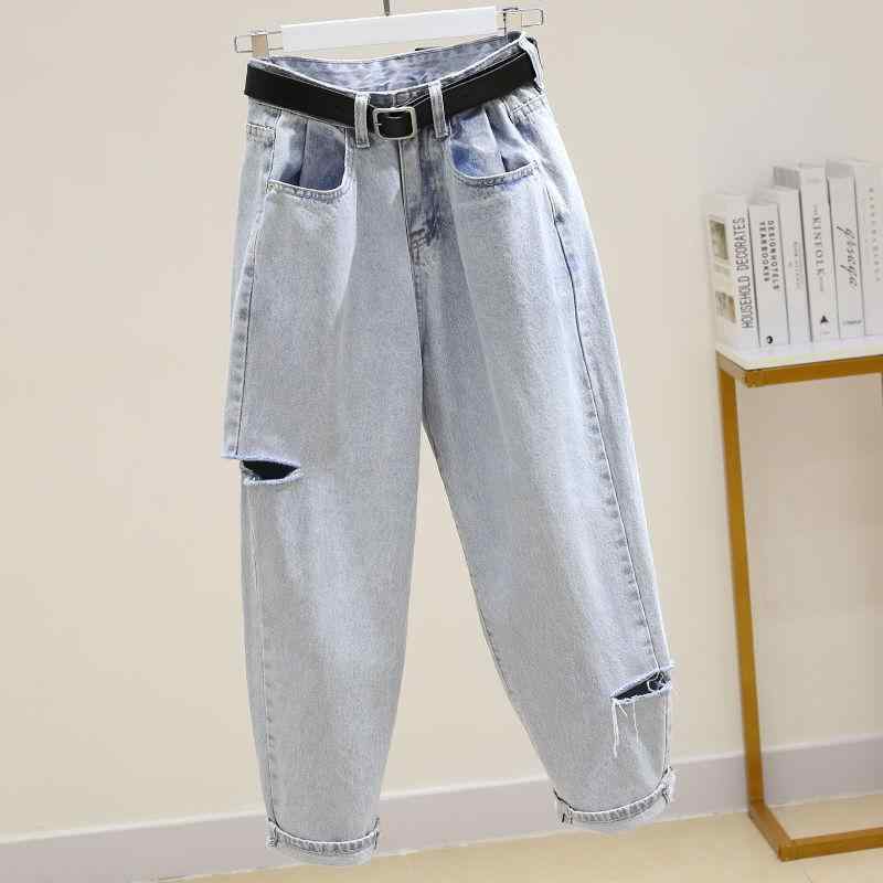 レディース デニムパンツ 浅色 破れ加工 ストレートパンツ 高腰 長ズボン ハーレムパンツ ロブパンツ 韓国風 ゆったり ワイド レギュラー ライトブルー ブラックグレー ブラック コットン素材 都市スタイル 通勤用 気質 カジュアル 秋冬 トレンド ボ