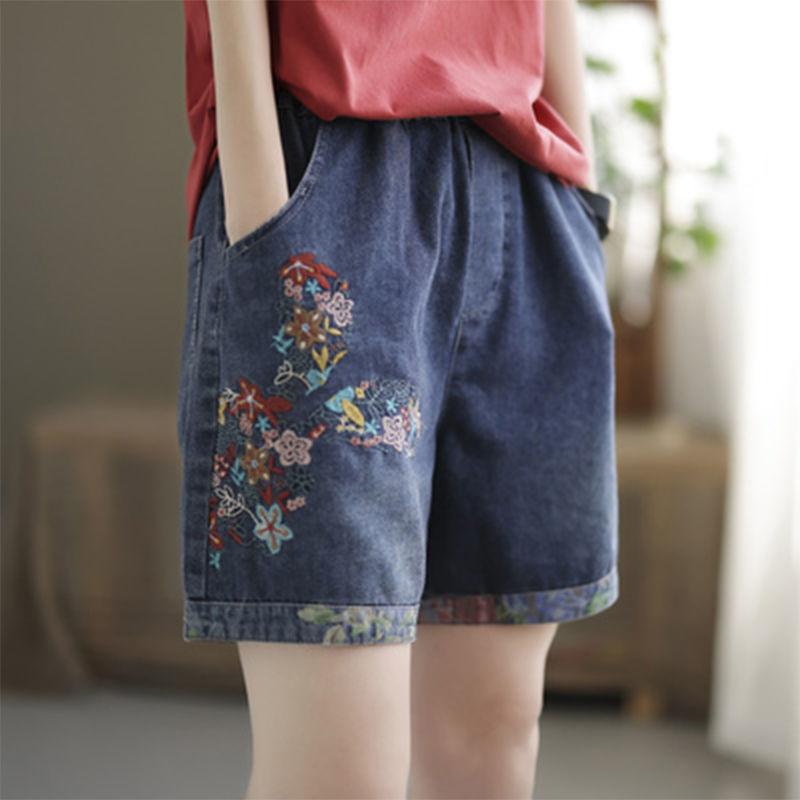 デニム ショーツ レディース 春夏 牛仔布 ハイウエスト ワイドレッグ ゆったりシルエット 刺繍 薄手 ライトブルー 細身効果 膝上丈 直筒 韓国風 ポート風 復古スタイル 軽量 伸縮性 日常使い 外出向き