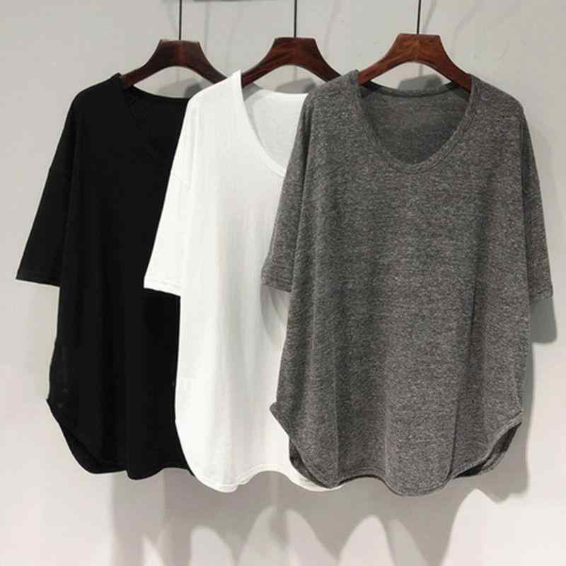 Tシャツ 女性用 春夏 純色 Vネック 短袖 コットン ポリエステル 蝙蝠袖 グレー ホワイト ブラック ゆったりシルエット 弧形裾 中長丈 百搭 かわいい 快適 吸湿速乾 日常使い カジュアル