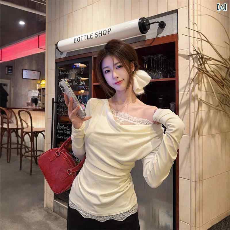 Tシャツ レディース 春夏 長袖 レース 花辺 切り替え デザイン 斜肩 修身 トップス かわいい 米白 接触冷感 吸湿速乾 軽量 伸縮性 日韓 カジュアル 普段使い ビッグシルエット Vネック 再生繊維 ブラウス