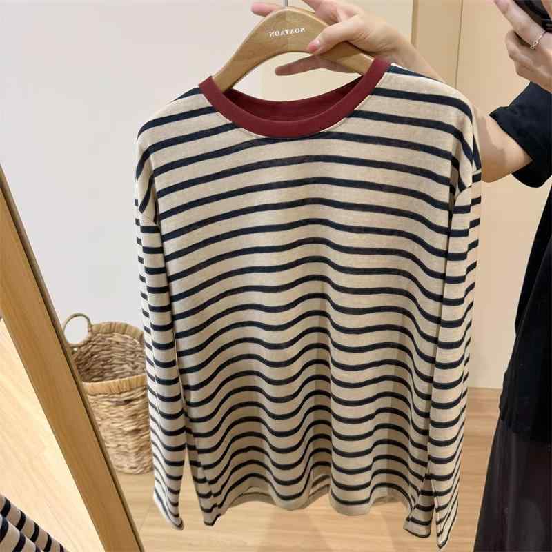 秋冬 Tシャツ 女性用 長袖 丸首 条紋柄 ワイドシルエット スリム効果 レイヤード インナー トップス コットンポリエステル 切り替え クラッシュカラー ネイビー 赤 黒 日韓カジュアル 日常使い 通勤
