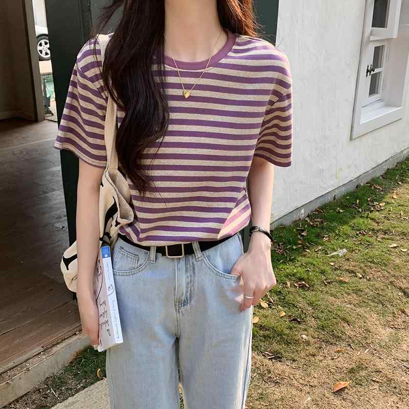 T シャツ 女性用 短袖 綿 条紋 切り替え ルーズフィット 丸首 トップス かわいい スタイル 紫 ピンク グリーン 春夏 通勤 普段使い 吸湿速乾 軽量 ビッグシルエット