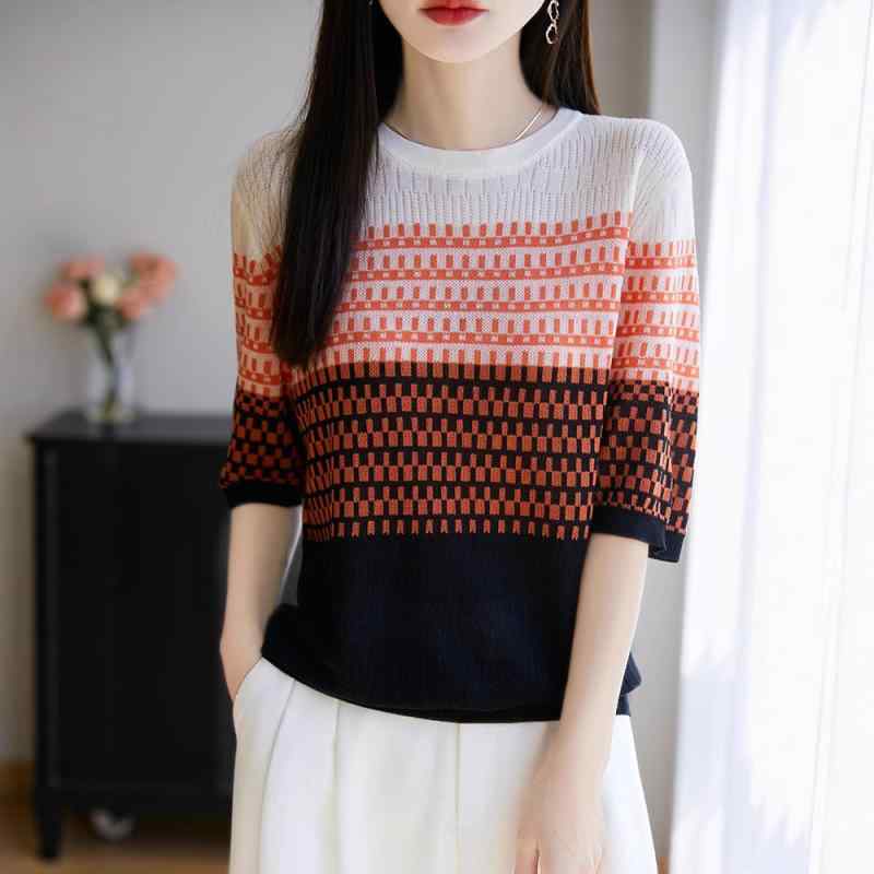 Tシャツ 女性用 夏 接触冷感 レイヨン 混紡 95% ストライプ 柄 グラデーション カラー 切り替え 半袖 丸首 ルーズフィット 気質 通勤 スタイル 隠青 色 オレンジ 色 スリム 効果 普通 丈 セットアップ 風