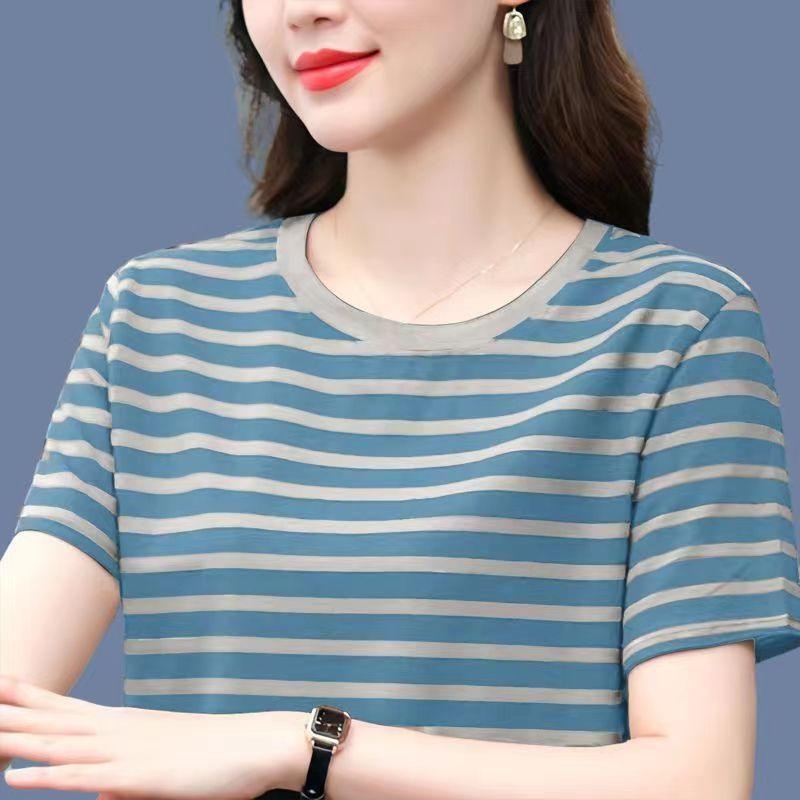 Tシャツ レディース 綿 条紋 柄 短袖 トップス 中年女性 夏用 大きいサイズ ゆったり シルエット 百搭 スタイル スリム効果 半袖 上衣 丸首 Vネック 直線型 普通丈 韓国風 快適 日常使い グレー 赤 黒 ベージュ ピンク ブルー 白 ブラウン