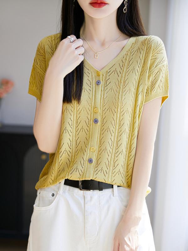 Tシャツ レディース 春夏 Vネック 短袖 開衫 レイヨン 刺繍 レースアップ 切り替え 薄手 軽量 吸湿速乾 接触冷感 ホワイト イエロー ピンク ライトブルー ゆったりシルエット 日韓カジュアル トップス 普段使い 部屋着 通勤用 再生繊維 無地 ワ