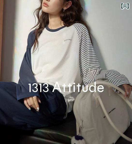 Tシャツ 女性用 長袖 ルーズフィット ブルー系 ホワイト 切り替え ストライプ柄 刺繍 ロゴ トップス セーター プルオーバー 丸首 ラグラン袖 コットン混 秋冬 日常使い カジュアル 韓国風 軽量 伸縮性 通勤 外出