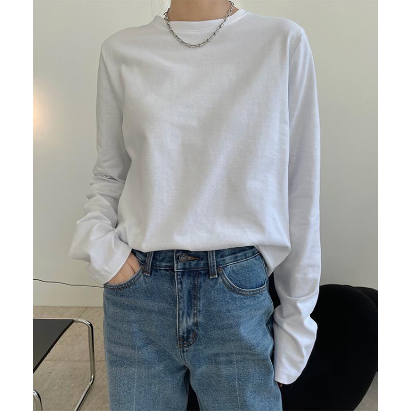 Tシャツ 女性用 春夏 長袖 丸首 トップス ワイドシルエット 綿素材 切り替えデザイン シンプル 純色 ブラック ホワイト ゆったり 細見え 韓国風 カジュアル 日常使い 軽量 吸湿速乾