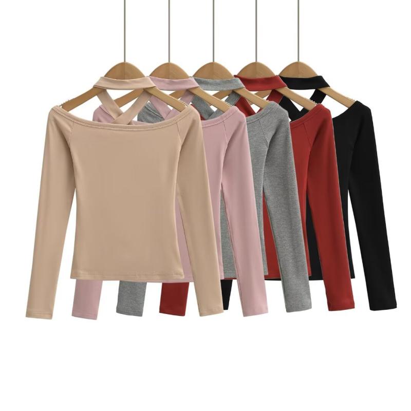 Tシャツ 女性用 ハングネック ワンショルダー 長袖 修身 切り替え 接触冷感 ポリエステル アニタ 伸縮性 通勤 普段使い ブラック グレー カーキ 赤 ピンク かわいい 気質 スリムフィット トップス インナー