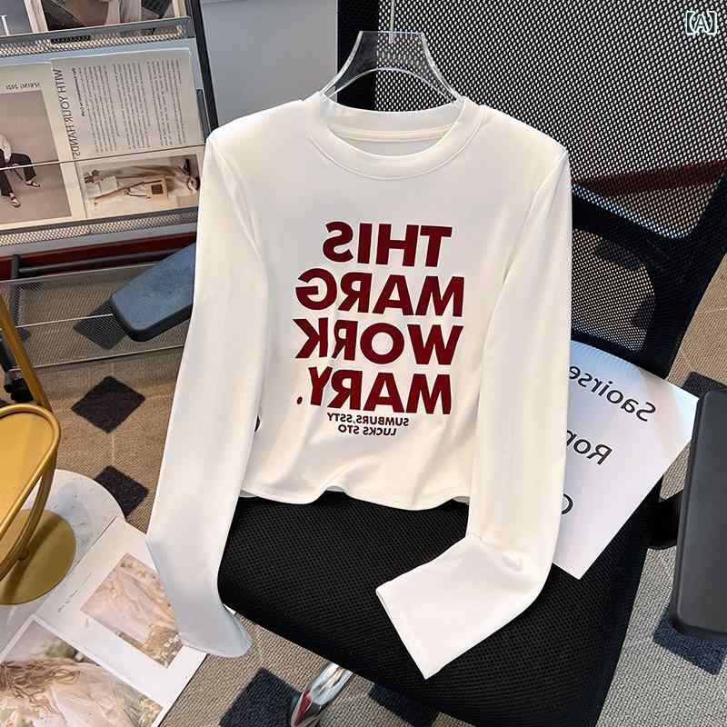 ロングスリーブTシャツ 女性用 インナー トップス 長袖 セットインスリーブ 丸首 修身シルエット プリント柄 コットン混紡 接触冷感 吸湿速乾 軽量 通勤用 普段使い 部屋着 カジュアル かわいい 甘め プリンセススタイル ブラック ホワイト ブルー