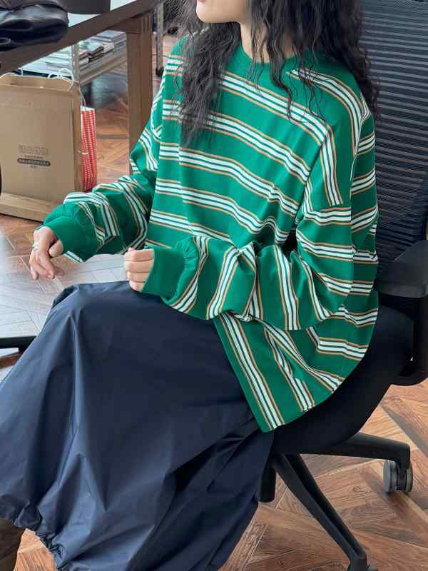 レディース 長袖 トップス 春夏 条紋柄 切り替え 綿素材 接触冷感 吸湿速乾 軽量 ゆったりシルエット 丸首 ミドル丈 日常使い カジュアル ブラウス シャツ 緑 ブラウン ホワイト 春物|LiLishop6
