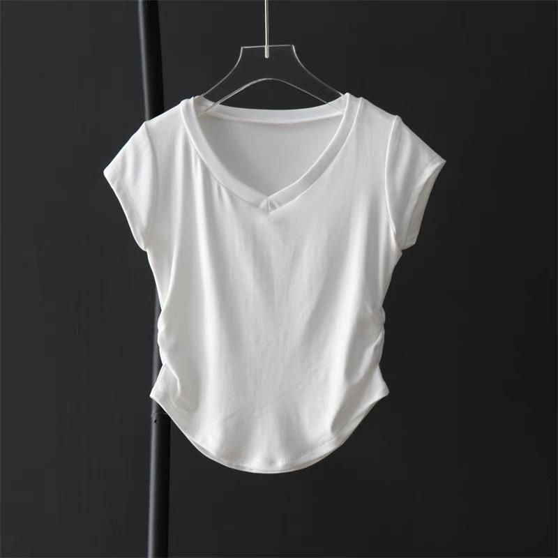 トップス レディース 短袖 Tシャツ 夏 春夏 Vネック プリーツ 修身 スリム インナー トップス 綿 スパンデックス ストレッチ 接触冷感 純色 セットイン 袖 通常 丈 都市 通勤 普段使い 気質 ブラック ホワイト 軽量 吸湿速乾 ビッグシルエッ