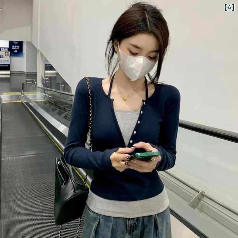 Tシャツ トップス レディース 春夏 修身 偽ツーピース 切り替え 純欲 ボタン デザイン 長袖 インナー Vネック セットインスリーブ ポリエステル ポリエステル繊維 無鉄 シンプル 気質 エレガント 韓国風 日常使い ネイビー インナーウェア