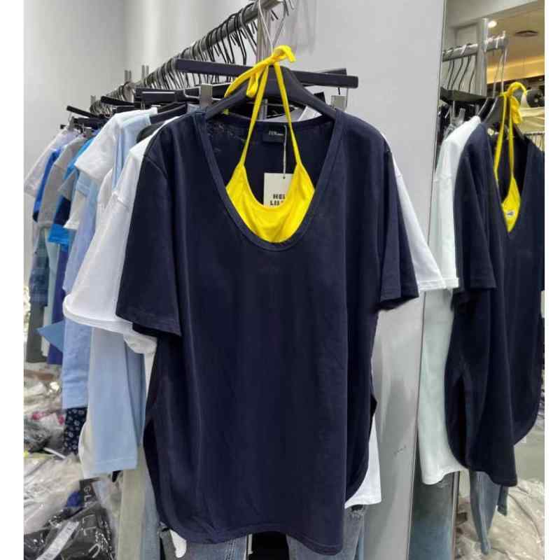 Tシャツ 女性用 セット 韓国風 ファッション Vネック 短袖 トップス インナー 竹節柄 コットン ストレッチ ゆったりシルエット ポロカラ 春夏 私服 ネイビー イエロー グレー ホワイト ブラック 吸湿速乾 軽量 普段使い かわいい 切り替え ビッ