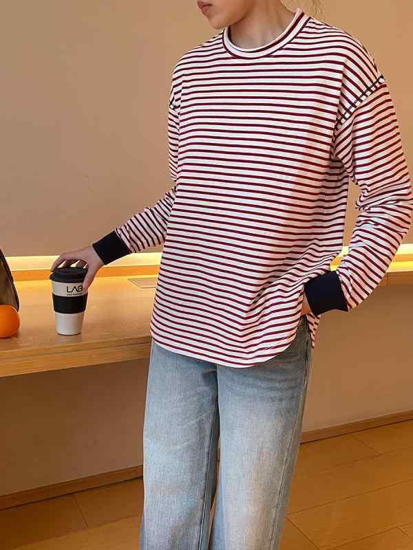 Tシャツ メンズ 長袖 条紋 コットン 接触冷感 針織 セットインスリーブ ラウンドネック ルーズフィット 落ち肩 切り替え 秋冬 韓国風 カジュアル 日常使い 軽量 伸縮性 吸湿速乾 ブラック ホワイト 赤 トップス シャツ レイヤード